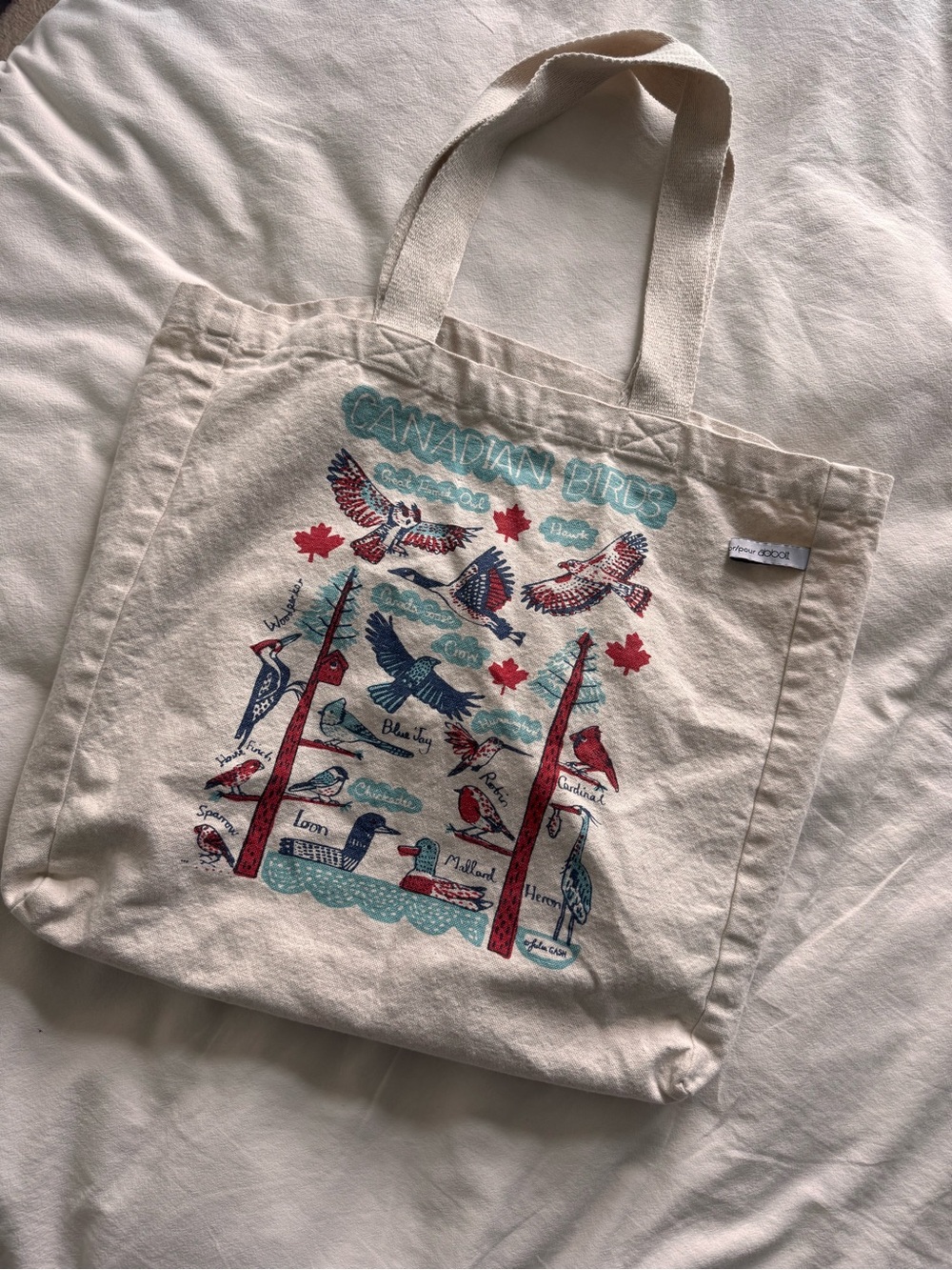 100% Cotton Canadian Birds Canvas Tote Bag with Red & Teal Print